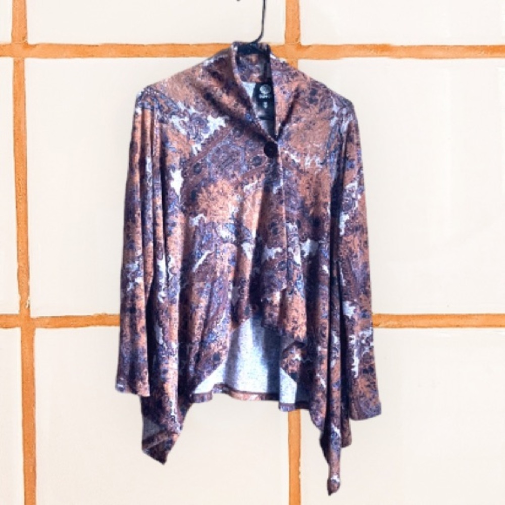 BOBEAU Boho Paisley Print Drape Front Cardigan Sweater Sz S
